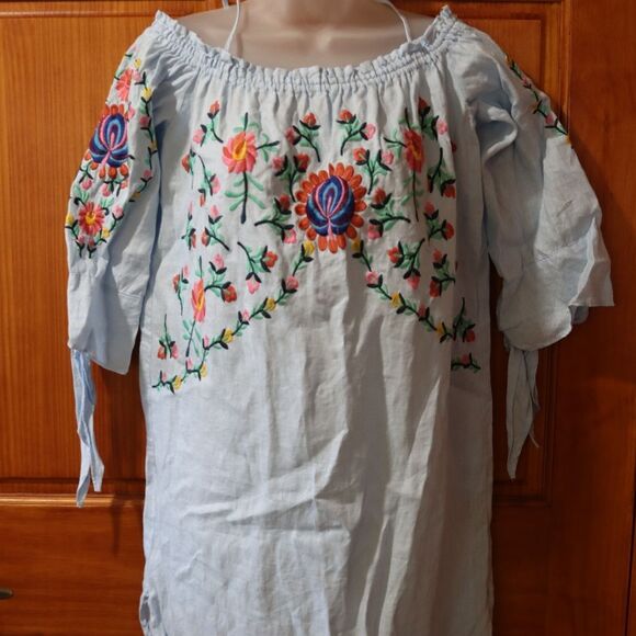 Philosophy Blue Chambray Off-Shoulder Embroidered Floral Dress Medium - Picture 9 of 14